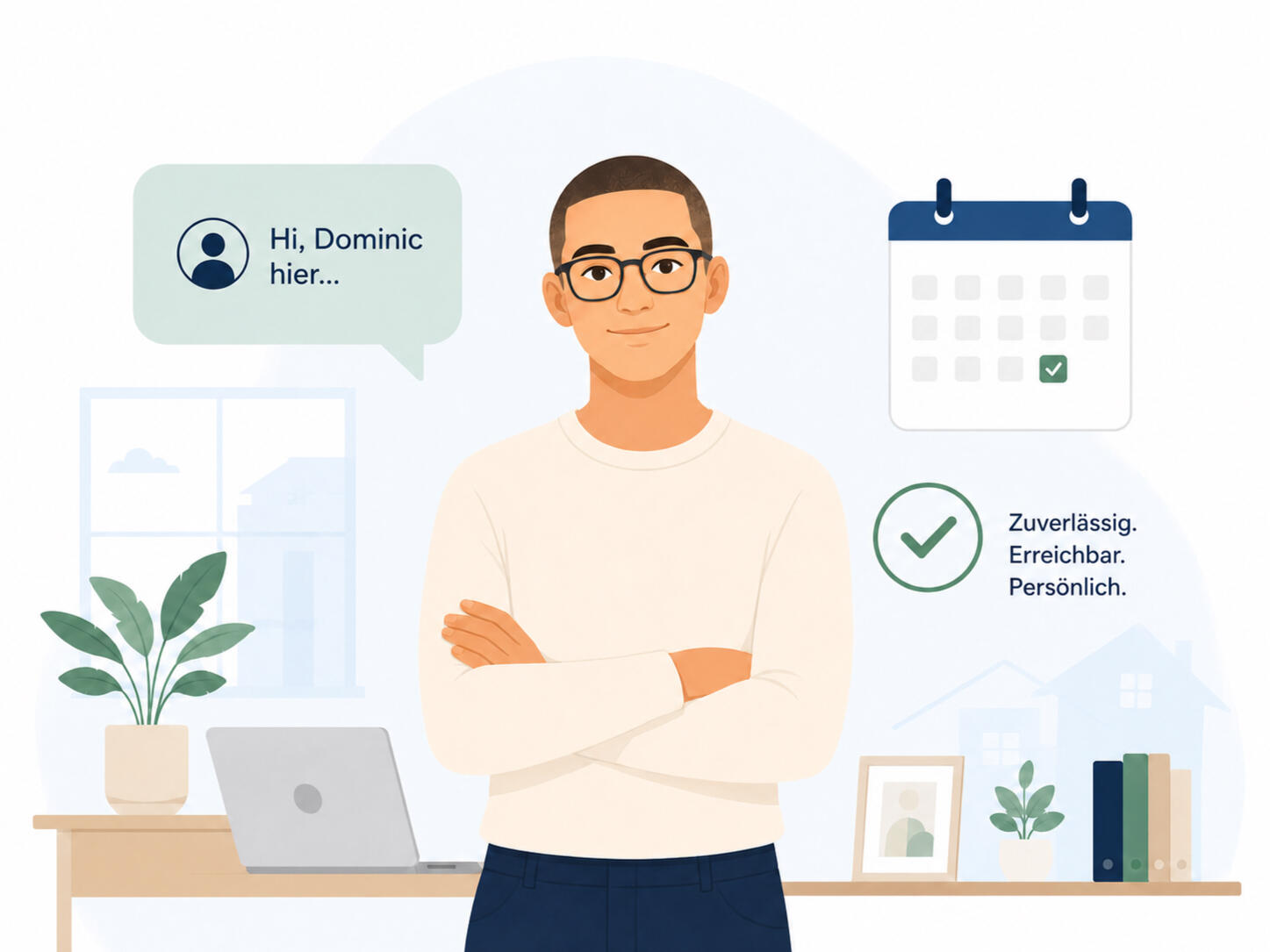 Zuverlässiges Reinigungspersonal in Wien Illustration von Dominic in einem Büro mit den Eigenschaften zuverlässig, erreichbar und persönlich.