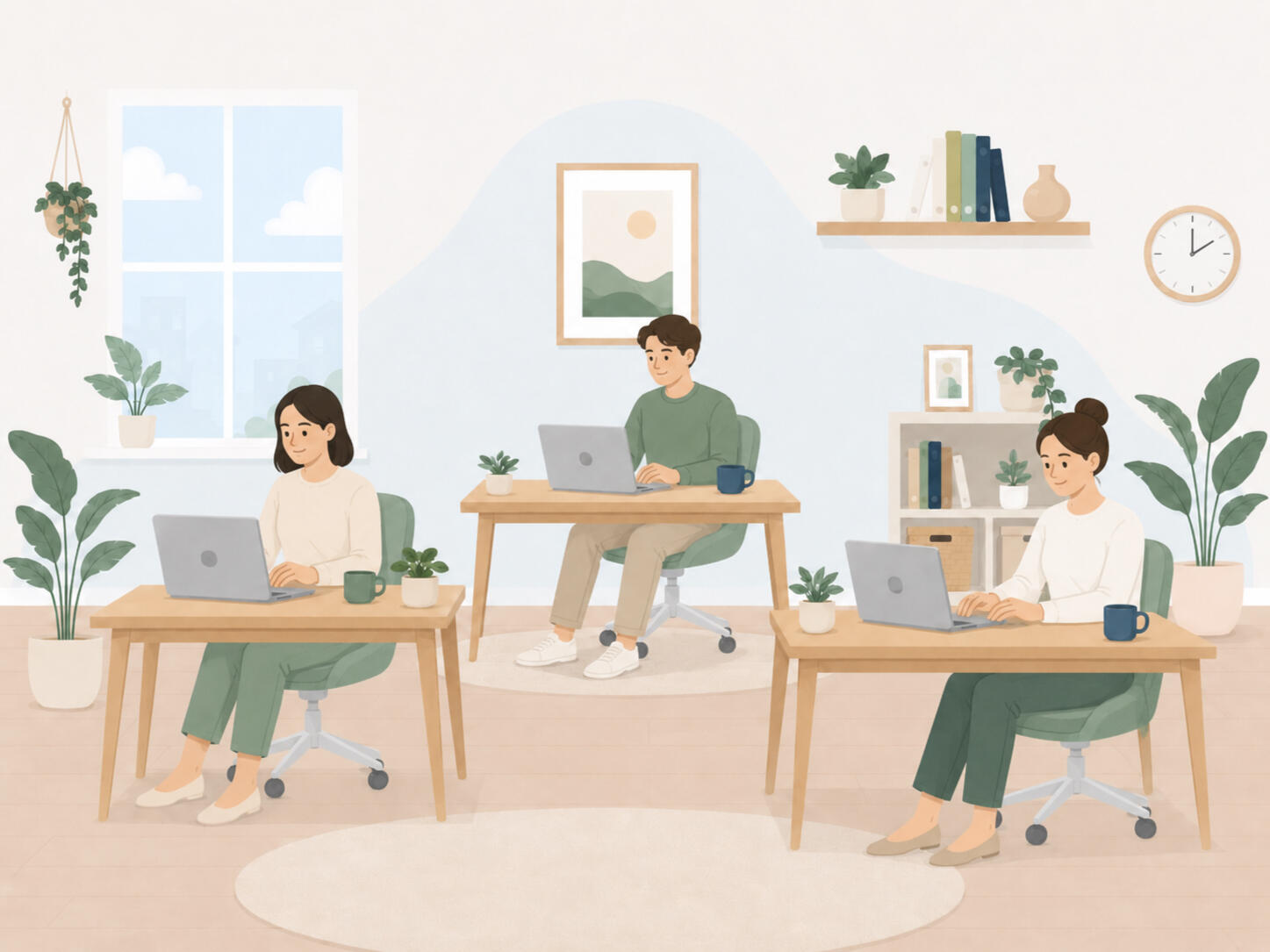 Sauberes, freundliches Büro mit kleinem Team Illustration eines sauberen, freundlichen Büros mit einem kleinen arbeitenden Team.